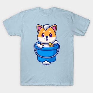 Cute Shiba Inu Bathing In Bucket With Bubble Cartoon T-Shirt